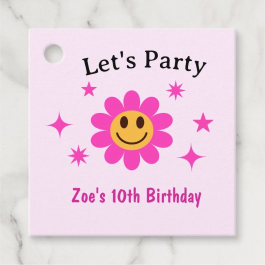 レトロ微笑みピンクフラワーガール誕生日 フェイバータグ (正面)