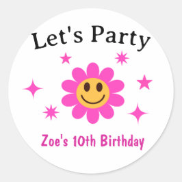 レトロ微笑みピンクフラワーガール誕生日 ラウンドシール