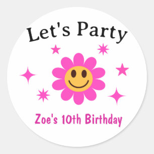 レトロ微笑みピンクフラワーガール誕生日 ラウンドシール