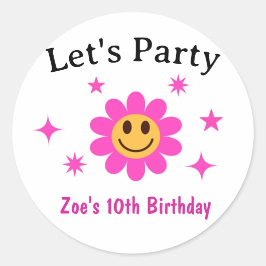 レトロ微笑みピンクフラワーガール誕生日 ラウンドシール (正面)