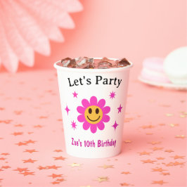 レトロ微笑みピンクフラワーガール誕生日 紙コップ