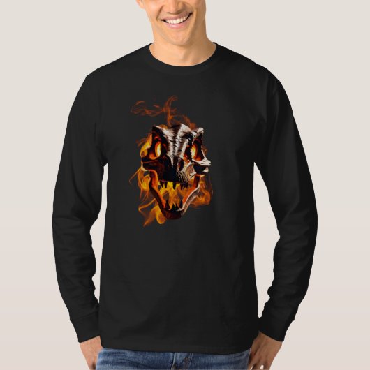 レトロ恐竜 死んだ燃える頭蓋骨と炎 Tシャツ (正面)