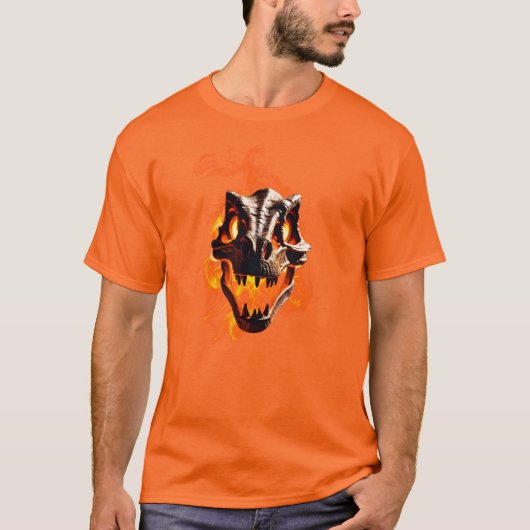 レトロ恐竜 死んだ燃える頭蓋骨と炎 Tシャツ (正面)