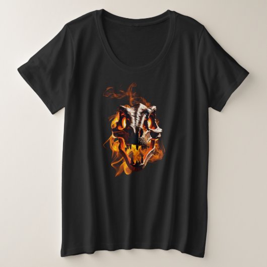 レトロ恐竜 死んだ 炎に包まれた頭蓋骨 プラスサイズTシャツ (デザイン正面)