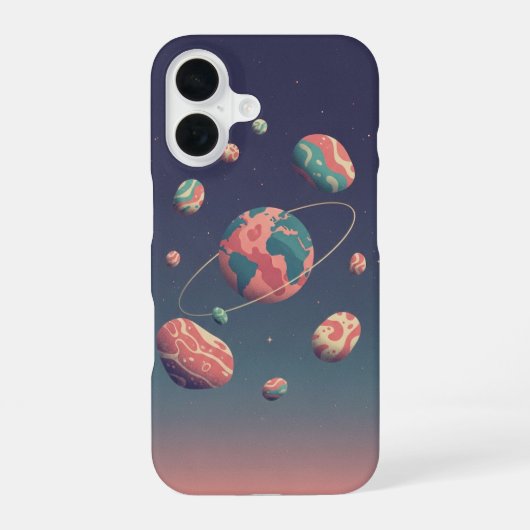 レトロ惑星と軌道上の岩石 iPhone 16ケース (裏面)