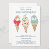 レトロ愛国的アイスクリームコーン100誕生日 招待状 (正面/裏面)