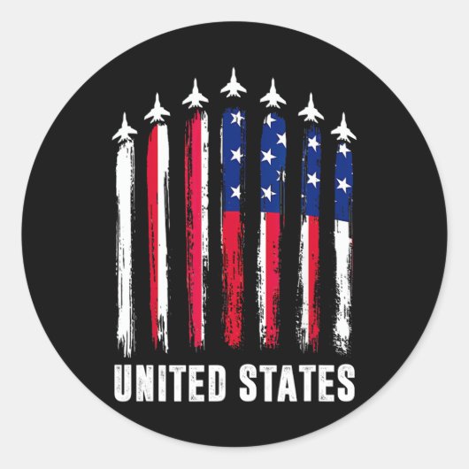 レトロ戦闘機ジェット機米国国旗7月Pa4日 ラウンドシール (正面)