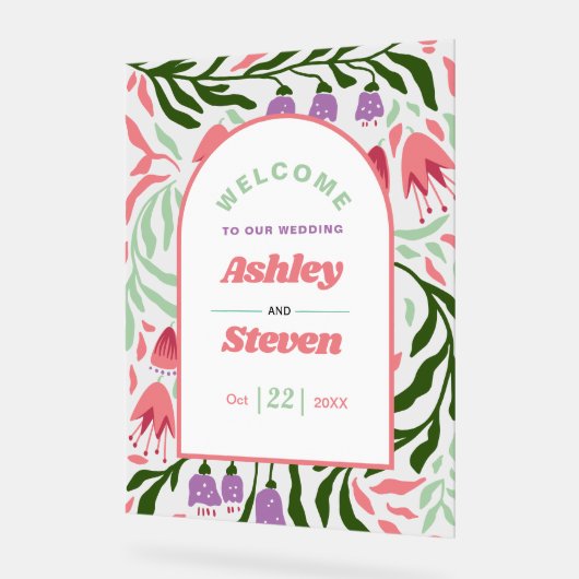 レトロ房穂枝と花を歓迎結婚する アクリルサイン (傾斜)