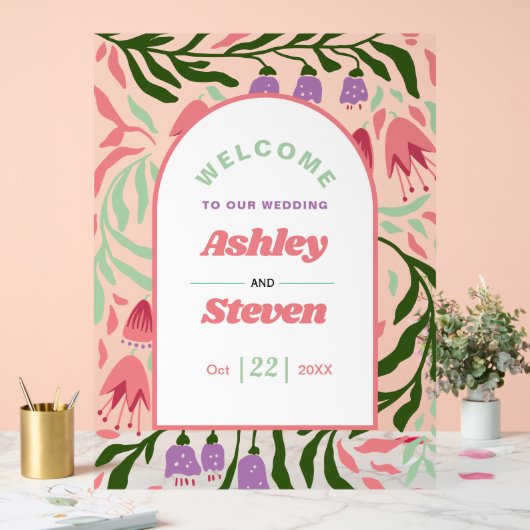 レトロ房穂枝と花を歓迎結婚する アクリルサイン (ウェディング)