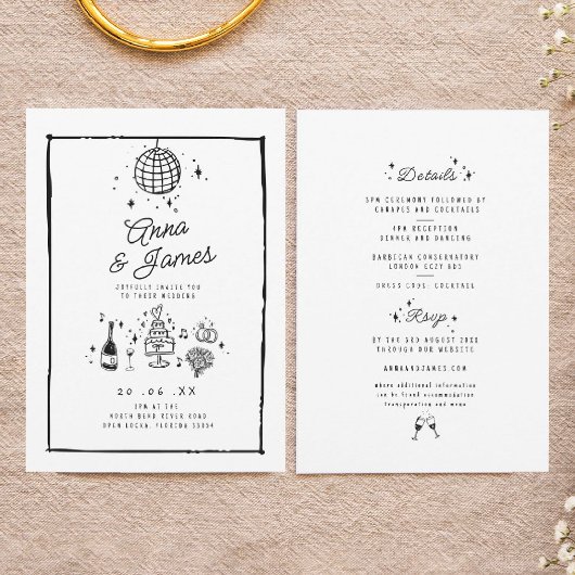 レトロ手描きお洒落トレンディーファンキー結婚ズ 招待状