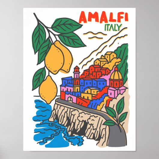 レトロ手描きアマルフィイタリア地中海アート ポスター (正面)