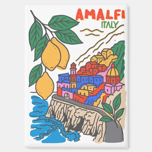 レトロ手描きアマルフィイタリア地中海アート マグネット (正面)