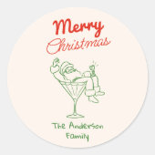 レトロ手描きグリーン赤サンタクロース クリスマス ラウンドシール (正面)
