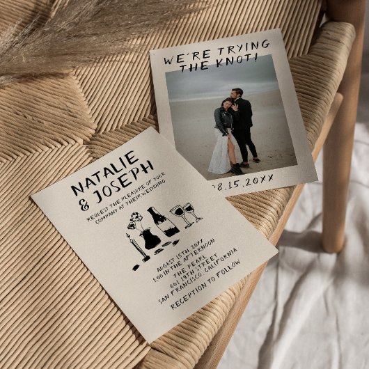 レトロ手描きシャンパ予測できなン写真結婚ズ 招待状