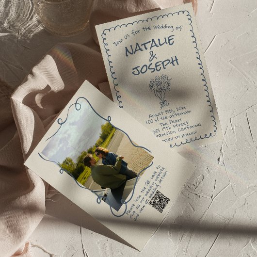 レトロ手描きネイビーブルーQRコードフォト結婚ズ 招待状