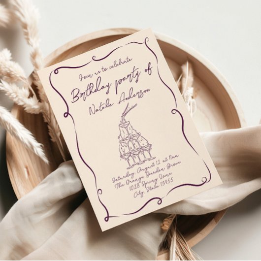 レトロ手描きパープル波打ち70s誕生日パーティー 招待状