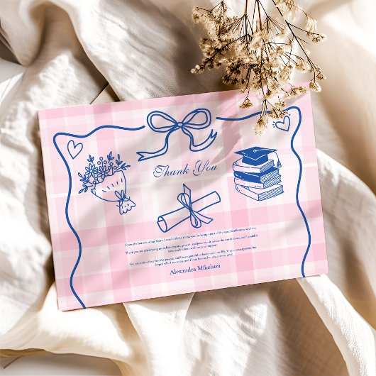 レトロ手描きピンクと青の卒業 サンキューカード