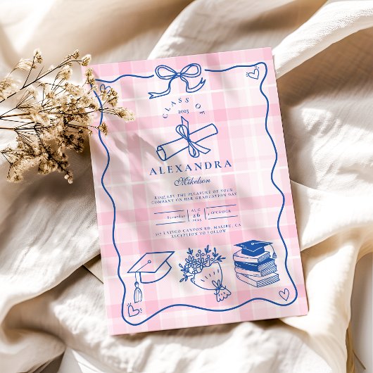 レトロ手描きピンクと青の卒業 招待状