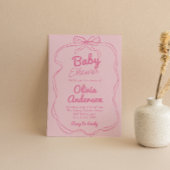 レトロ手描きピンクコケットベビーガールシャワー 招待状