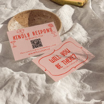 レトロ手描きピンクユニークレッドQRコー結婚ド