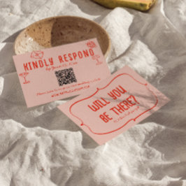 レトロ手描きピンクユニークレッドQRコー結婚ド 出欠カード