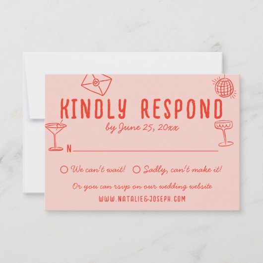 レトロ手描きピンクレッドユニーク予測できな結婚ズ 出欠カード (正面)