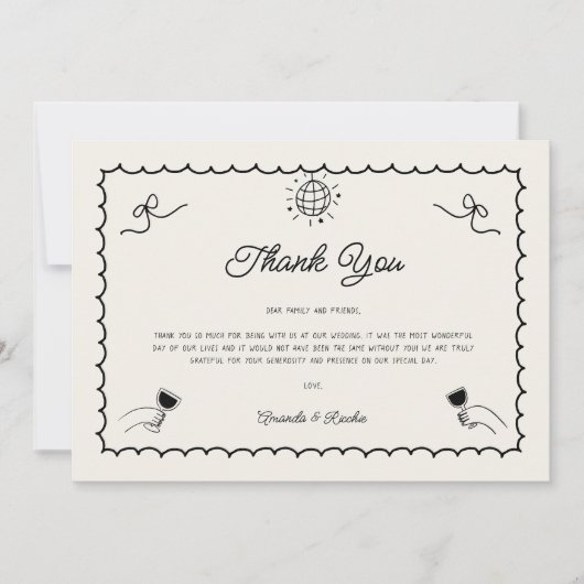 レトロ手描きフランスの写真水平結婚の サンキューカード (正面)