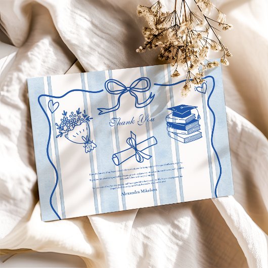 レトロ手描きブルー卒業 サンキューカード