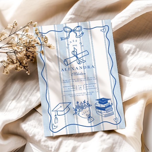 レトロ手描きブルー卒業 招待状