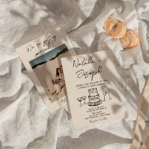 レトロ手描き書ケーキ写真予測できな結婚s 招待状