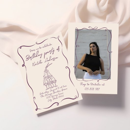 レトロ手描き紫色の波状の写真の誕生日パーティー 招待状