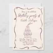 レトロ手描き紫色の波状の写真の誕生日パーティー 招待状 (正面)