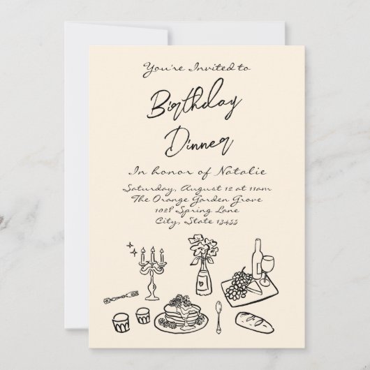 レトロ手描き誕生日ディナーパーティー写真 招待状 (正面)