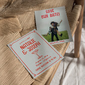 レトロ手描き赤ブルーカクテルフォト結婚ズ セーブザデート