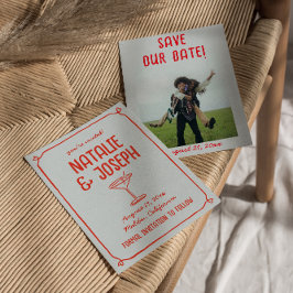 レトロ手描き赤ブルーカクテルフォト結婚ズ セーブザデート