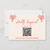レトロ手描き赤ユニークQRコード結婚式RSVP 出欠カード (正面)