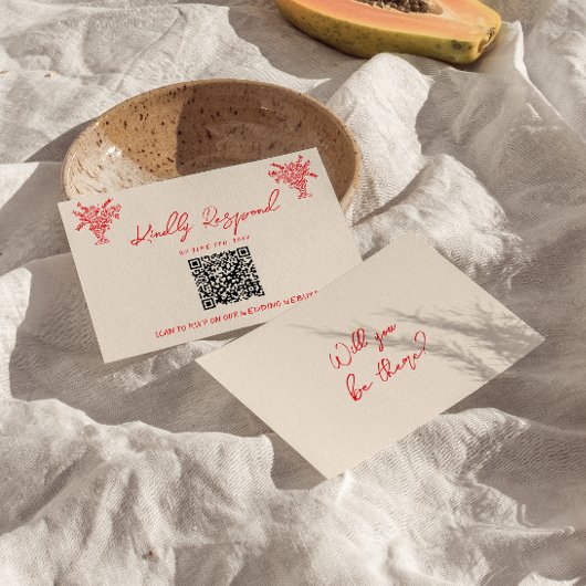 レトロ手描き赤ユニークQRコード結婚式RSVP 出欠カード