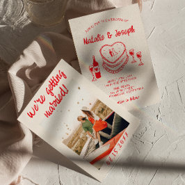 レトロ手描き赤予測できなケーキ写結婚真 招待状