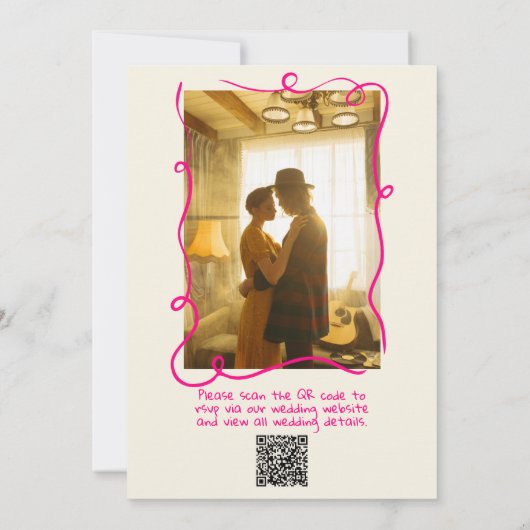 レトロ手描き鮮やかなピンクの写真QRコード結婚ズ 招待状 (裏面)