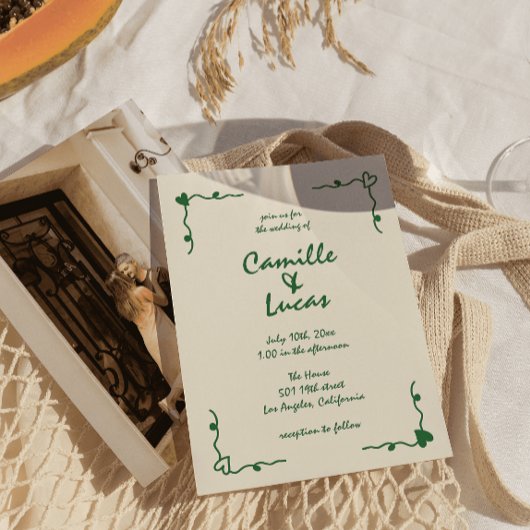 レトロ手書お洒落きグリ結婚ーン 招待状