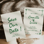 レトロ手書きお洒落グリーン日付を保存 招待状