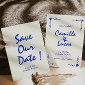 レトロ手書きお洒落ブルー日付を保存 招待状