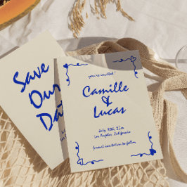 レトロ手書きお洒落ブルー日付を保存 招待状