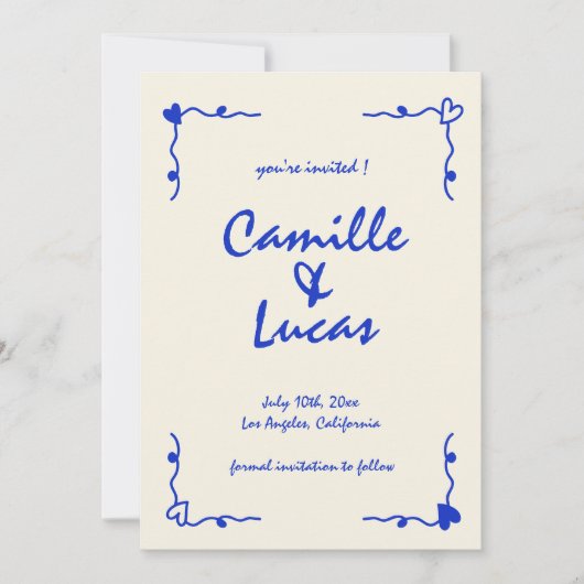 レトロ手書きお洒落ブルー日付を保存 招待状 (正面)