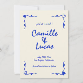 レトロ手書きお洒落ブルー日付を保存 招待状