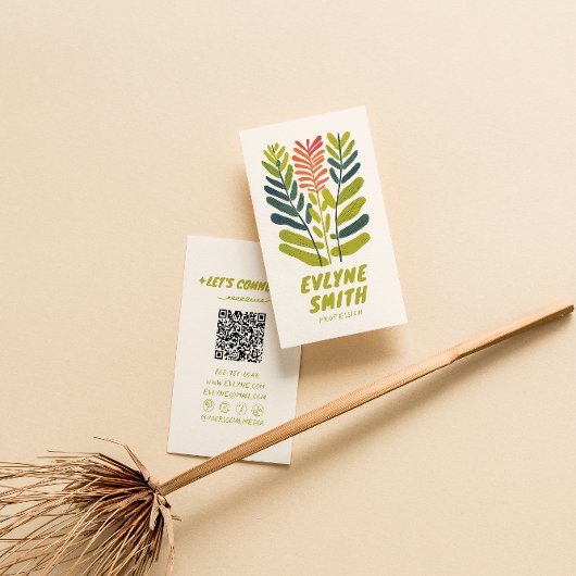 レトロ手書き描グリーンファンキーフローラQRコード 名刺