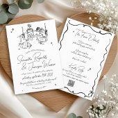 レトロ手書き落書きブラック&ホワイト結婚ズ 招待状