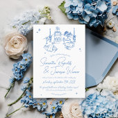 レトロ手書き落書きブルー&ホワイト結婚ズ 招待状