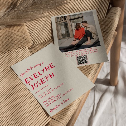 レトロ手書QRコーカラフルド結婚の 招待状