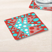 レトロ抽象デザインを赤、白、ターコイズ スクエアペーパーコースター (アングル)
